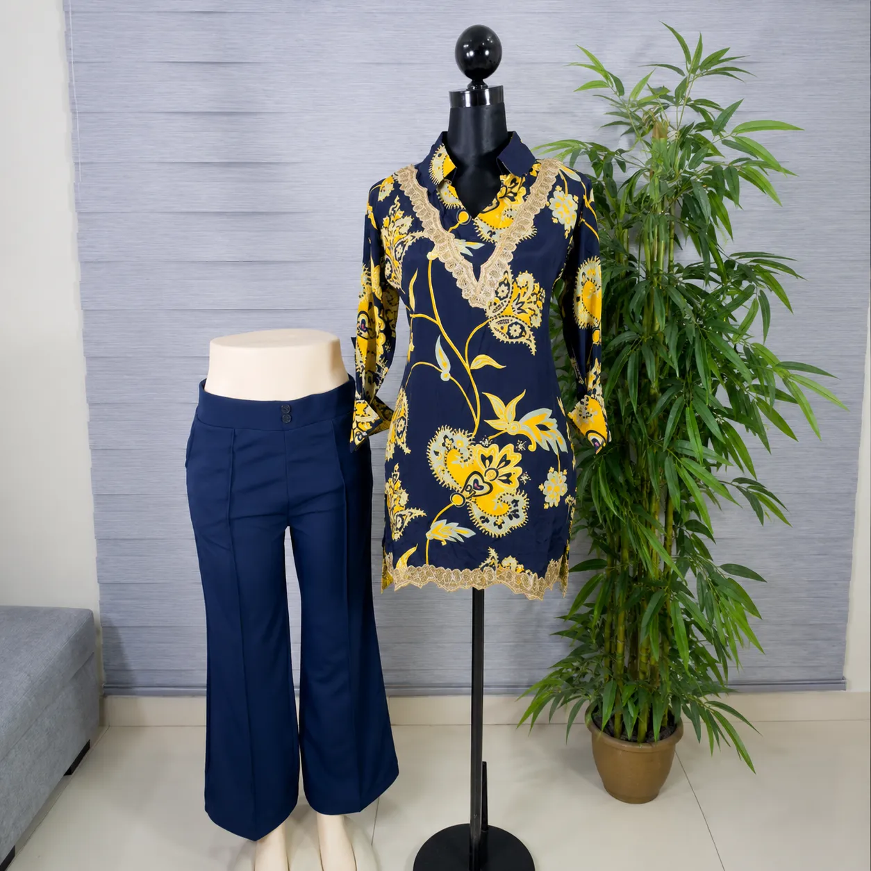 Elegant Floral Navy & Yellow Kurti with Navy Straight Pants